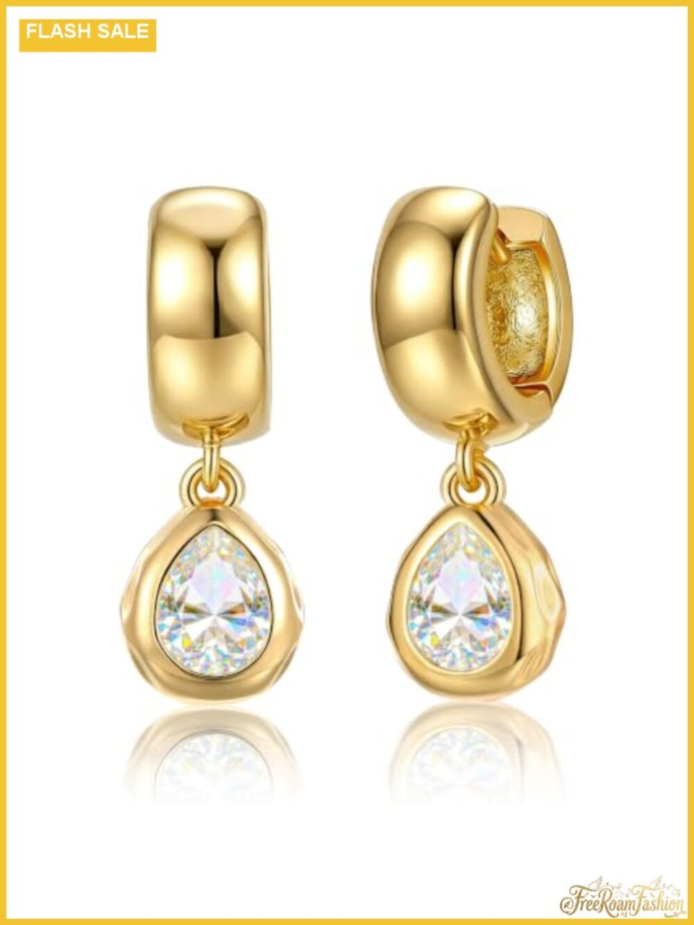 Chunky Gold Plated Drop Earrings for Women, Bezel CZ Dangle Hoop Earrings